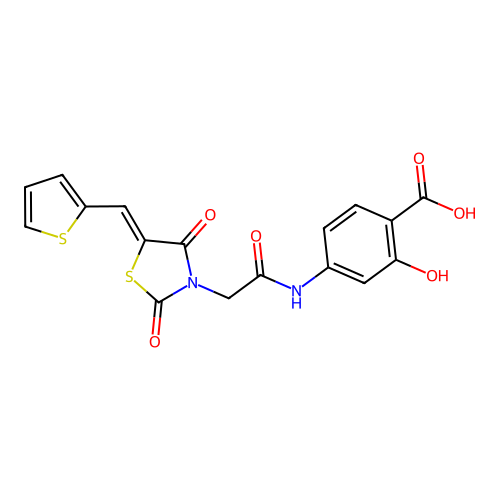 (Z)-4-(2-(2,4-dioxo-5-(thiophen-2-ylmethylene)thiazolidin-3-yl)acetamido)-2-hydroxybenzoic acid structure