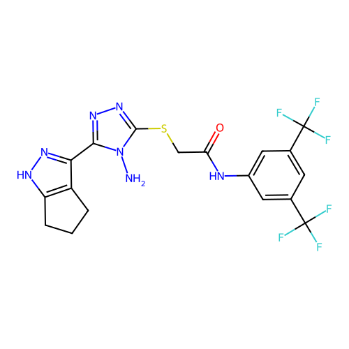 2-((4-amino-5-(1,4,5,6-tetrahydrocyclopenta[c]pyrazol-3-yl)-4H-1,2,4-triazol-3-yl)thio)-N-(3,5-bis(trifluoromethyl)phenyl)acetamide structure