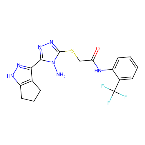 2-((4-amino-5-(1,4,5,6-tetrahydrocyclopenta[c]pyrazol-3-yl)-4H-1,2,4-triazol-3-yl)thio)-N-(2-(trifluoromethyl)phenyl)acetamide structure