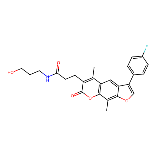 3-(3-(4-fluorophenyl)-5,9-dimethyl-7-oxo-7H-furo[3,2-g]chromen-6-yl)-N-(3-hydroxypropyl)propanamide structure