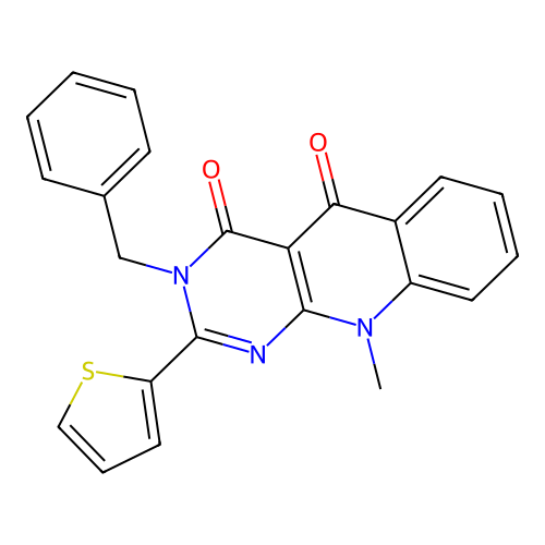 3-benzyl-10-methyl-2-(thiophen-2-yl)pyrimido[4,5-b]quinoline-4,5(3H,10H)-dione structure