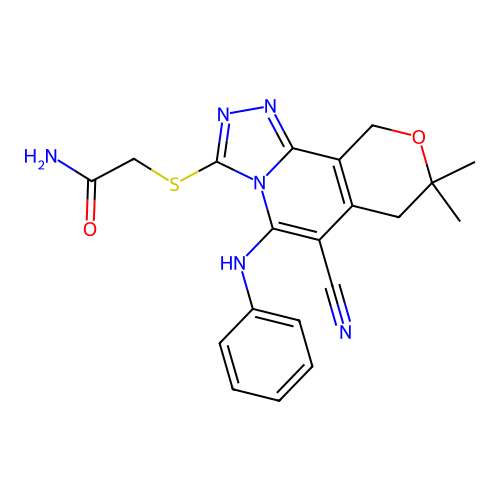 2-((6-cyano-8,8-dimethyl-5-(phenylamino)-8,10-dihydro-7H-pyrano[3,4-c][1,2,4]triazolo[4,3-a]pyridin-3-yl)thio)acetamide structure