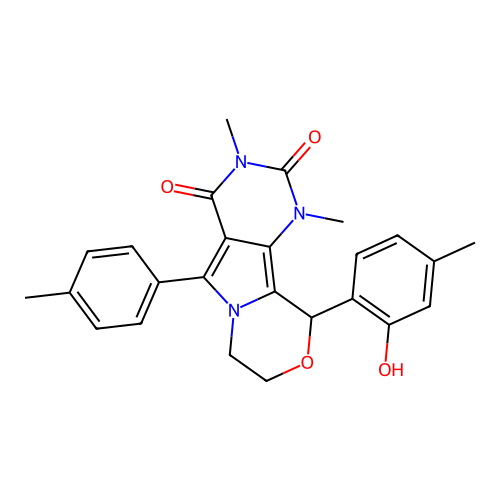 10-(2-hydroxy-4-methylphenyl)-1,3-dimethyl-5-(4-methylphenyl)-1,7,8,10-tetrahydro-2H-pyrimido[4',5':3,4]pyrrolo[2,1-c][1,4]oxazine-2,4(3H)-dione structure