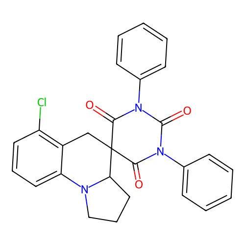 6'-chloro-1,3-diphenyl-1',2',3',3a'-tetrahydro-2H,5'H-spiro[pyrimidine-5,4'-pyrrolo[1,2-a]quinoline]-2,4,6(1H,3H)-trione structure