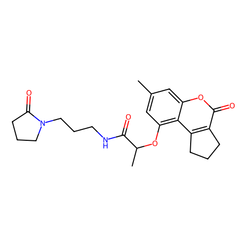 2-((7-methyl-4-oxo-1,2,3,4-tetrahydrocyclopenta[c]chromen-9-yl)oxy)-N-(3-(2-oxopyrrolidin-1-yl)propyl)propanamide structure