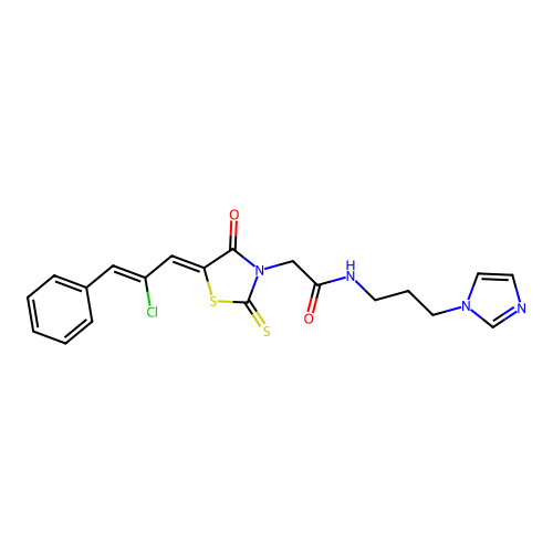 2-{(5Z)-5-[(2Z)-2-chloro-3-phenylprop-2-en-1-ylidene]-4-oxo-2-thioxo-1,3-thiazolidin-3-yl}-N-[3-(1H-imidazol-1-yl)propyl]acetamide structure