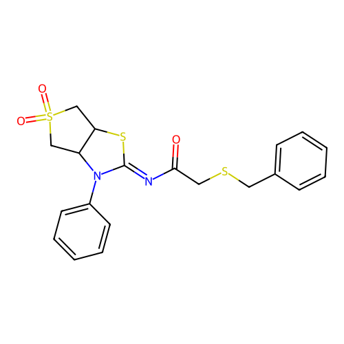 (Z)-2-(benzylthio)-N-(5,5-dioxido-3-phenyltetrahydrothieno[3,4-d]thiazol-2(3H)-ylidene)acetamide structure
