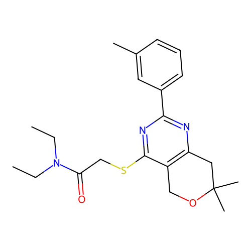 2-((7,7-dimethyl-2-(m-tolyl)-7,8-dihydro-5H-pyrano[4,3-d]pyrimidin-4-yl)thio)-N,N-diethylacetamide structure