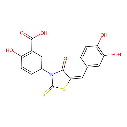5-[(5E)-5-(3,4-dihydroxybenzylidene)-4-oxo-2-thioxo-1,3-thiazolidin-3-yl]-2-hydroxybenzoic acid structure