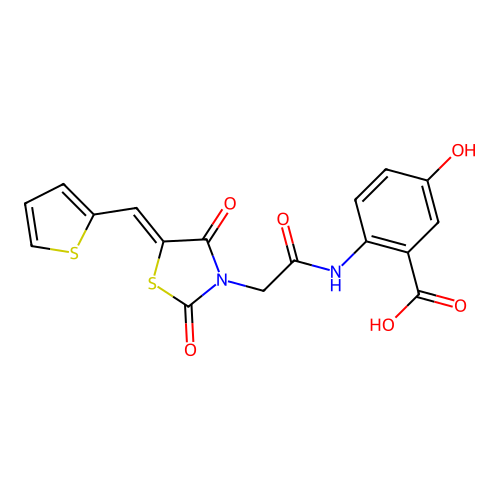 (Z)-2-(2-(2,4-dioxo-5-(thiophen-2-ylmethylene)thiazolidin-3-yl)acetamido)-5-hydroxybenzoic acid structure
