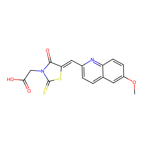(Z)-2-(5-((6-methoxyquinolin-2-yl)methylene)-4-oxo-2-thioxothiazolidin-3-yl)acetic acid structure