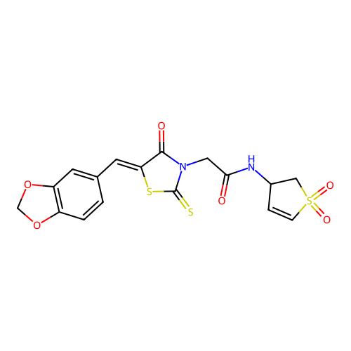 2-[(5Z)-5-(1,3-benzodioxol-5-ylmethylidene)-4-oxo-2-thioxo-1,3-thiazolidin-3-yl]-N-(1,1-dioxido-2,3-dihydrothiophen-3-yl)acetamide structure