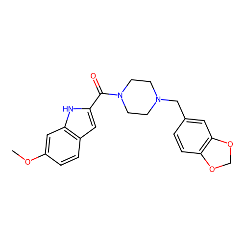 (6-methoxy-1H-indol-2-yl)-(4-piperonylpiperazino)methanone structure