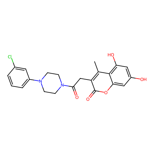 3-[2-[4-(3-chlorophenyl)piperazin-1-yl]-2-oxoethyl]-5,7-dihydroxy-4-methylchromen-2-one structure