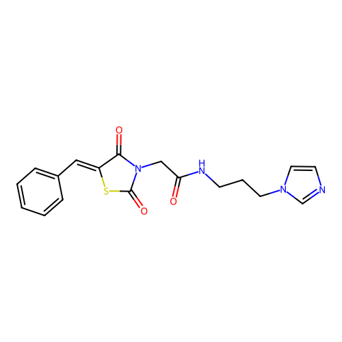 (Z)-N-(3-(1H-imidazol-1-yl)propyl)-2-(5-benzylidene-2,4-dioxothiazolidin-3-yl)acetamide structure