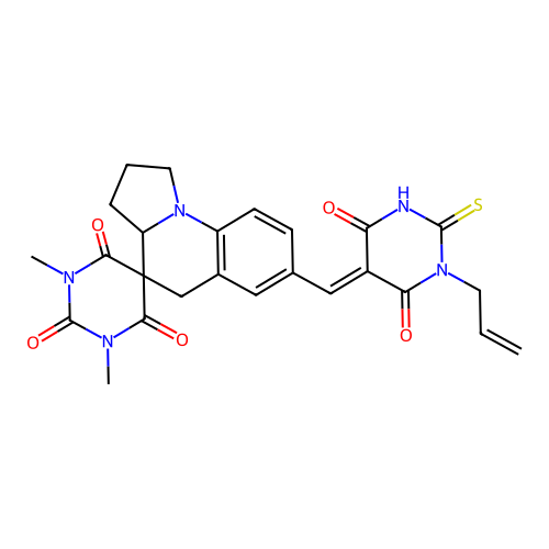 (E)-7'-((1-allyl-2-mercapto-4,6-dioxo-1,6-dihydropyrimidin-5(4H)-ylidene)methyl)-1,3-dimethyl-2',3',3a',5'-tetrahydro-1H,1'H-spiro[pyrimidine-5,4'-pyrrolo[1,2-a]quinoline]-2,4,6(3H)-trione structure