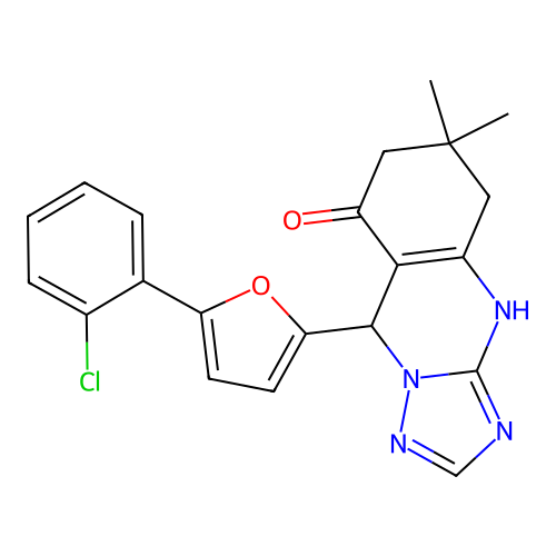 9-(5-(2-chlorophenyl)furan-2-yl)-6,6-dimethyl-5,6,7,9-tetrahydro-[1,2,4]triazolo[5,1-b]quinazolin-8(4H)-one structure