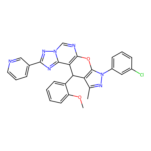 8-(3-chlorophenyl)-11-(2-methoxyphenyl)-10-methyl-2-(pyridin-3-yl)-8,11-dihydropyrazolo[4',3':5,6]pyrano[3,2-e][1,2,4]triazolo[1,5-c]pyrimidine structure