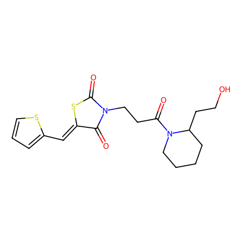 (5Z)-3-{3-[2-(2-hydroxyethyl)piperidin-1-yl]-3-oxopropyl}-5-(thiophen-2-ylmethylidene)-1,3-thiazolidine-2,4-dione structure