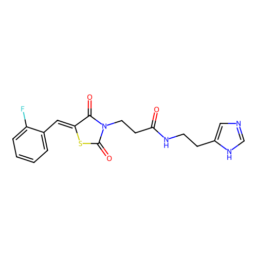3-[(5Z)-5-(2-fluorobenzylidene)-2,4-dioxo-1,3-thiazolidin-3-yl]-N-[2-(1H-imidazol-5-yl)ethyl]propanamide structure