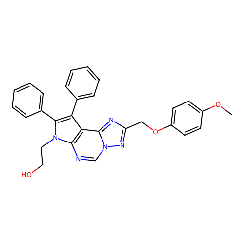 2-(2-((4-methoxyphenoxy)methyl)-8,9-diphenyl-7H-pyrrolo[3,2-e][1,2,4]triazolo[1,5-c]pyrimidin-7-yl)ethanol structure