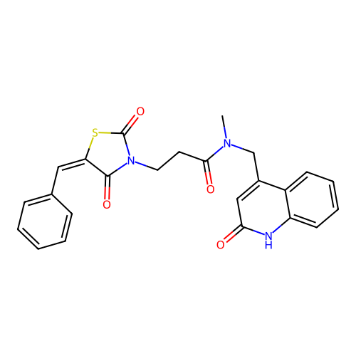 (E)-3-(5-benzylidene-2,4-dioxothiazolidin-3-yl)-N-((2-hydroxyquinolin-4-yl)methyl)-N-methylpropanamide structure