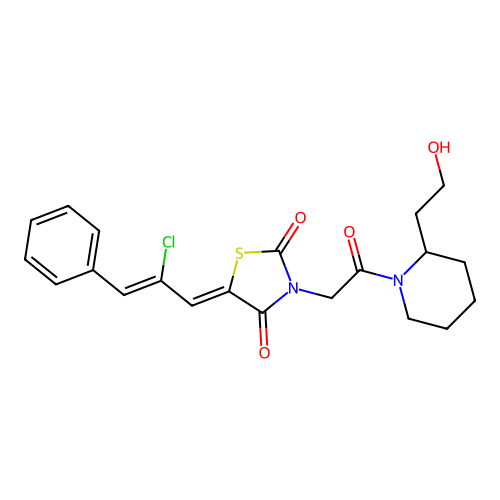 (5Z)-5-[(2Z)-2-chloro-3-phenylprop-2-en-1-ylidene]-3-{2-[2-(2-hydroxyethyl)piperidin-1-yl]-2-oxoethyl}-1,3-thiazolidine-2,4-dione structure