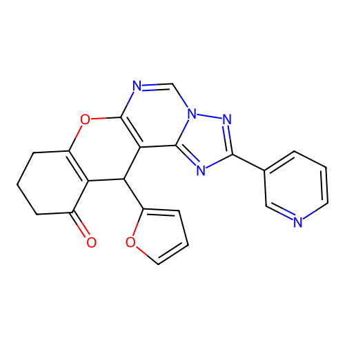 12-(furan-2-yl)-2-(pyridin-3-yl)-8,9,10,12-tetrahydro-11H-chromeno[3,2-e][1,2,4]triazolo[1,5-c]pyrimidin-11-one structure