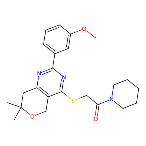 2-((2-(3-methoxyphenyl)-7,7-dimethyl-7,8-dihydro-5H-pyrano[4,3-d]pyrimidin-4-yl)thio)-1-(piperidin-1-yl)ethanone structure