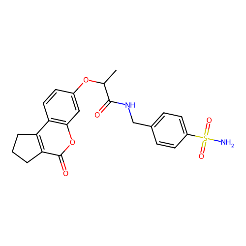 2-((4-oxo-1,2,3,4-tetrahydrocyclopenta[c]chromen-7-yl)oxy)-N-(4-sulfamoylbenzyl)propanamide structure