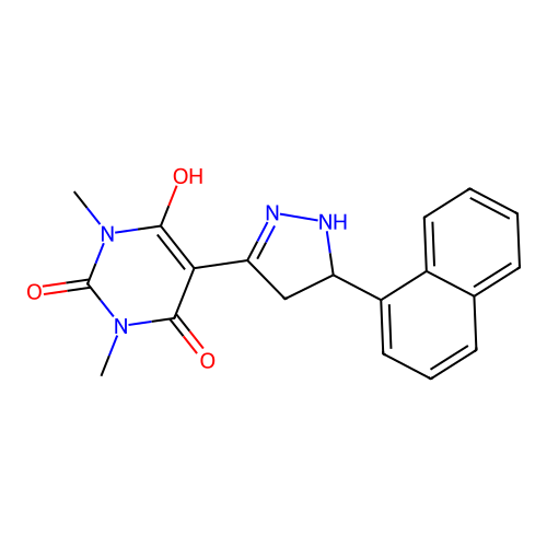 1,3-dimethyl-5-(5-naphthalen-1-ylpyrazolidin-3-ylidene)-1,3-diazinane-2,4,6-trione structure