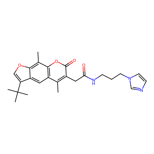 2-(3-tert-butyl-5,9-dimethyl-7-oxo-7H-furo[3,2-g]chromen-6-yl)-N-[3-(1H-imidazol-1-yl)propyl]acetamide structure