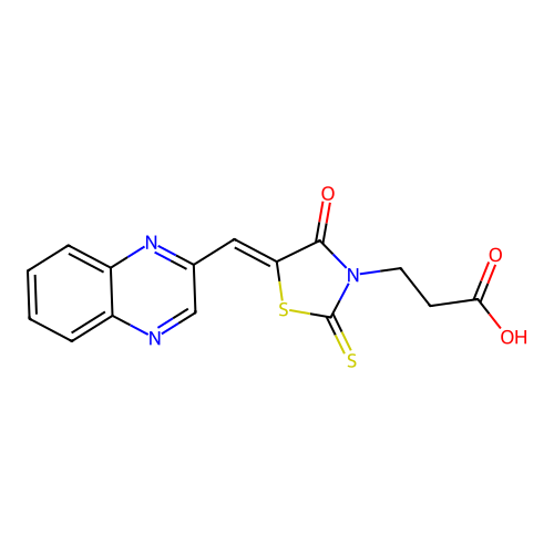 (Z)-3-(4-oxo-5-(quinoxalin-2-ylmethylene)-2-thioxothiazolidin-3-yl)propanoic acid structure