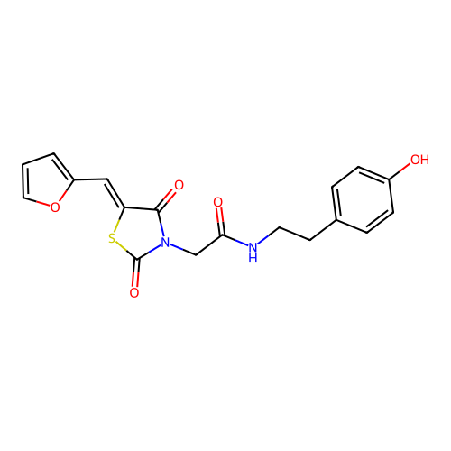 2-[(5Z)-5-(furan-2-ylmethylidene)-2,4-dioxo-1,3-thiazolidin-3-yl]-N-[2-(4-hydroxyphenyl)ethyl]acetamide structure