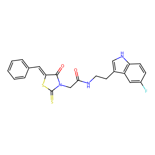 (Z)-2-(5-benzylidene-4-oxo-2-thioxothiazolidin-3-yl)-N-(2-(5-fluoro-1H-indol-3-yl)ethyl)acetamide structure