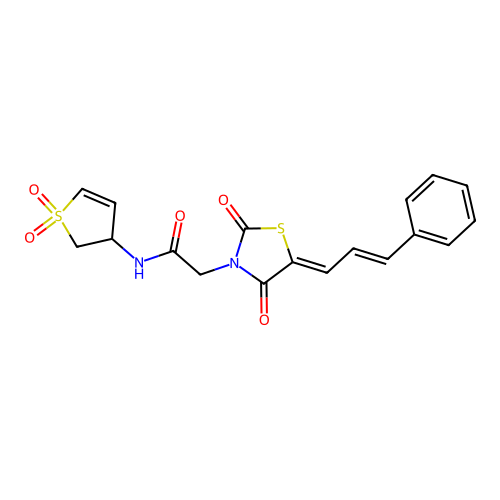 N-(1,1-dioxido-2,3-dihydrothiophen-3-yl)-2-{(5Z)-2,4-dioxo-5-[(2E)-3-phenylprop-2-en-1-ylidene]-1,3-thiazolidin-3-yl}acetamide structure