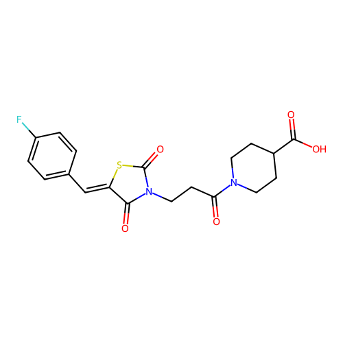 1-{3-[(5Z)-5-(4-fluorobenzylidene)-2,4-dioxo-1,3-thiazolidin-3-yl]propanoyl}piperidine-4-carboxylic acid structure
