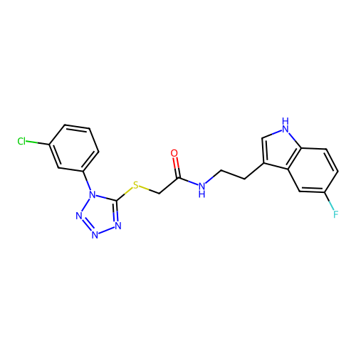 2-[1-(3-chlorophenyl)tetrazol-5-yl]sulfanyl-N-[2-(5-fluoro-1H-indol-3-yl)ethyl]acetamide structure