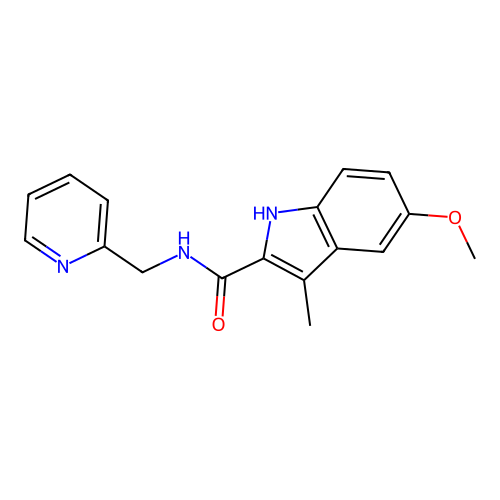 5-methoxy-3-methyl-N-(pyridin-2-ylmethyl)-1H-indole-2-carboxamide structure