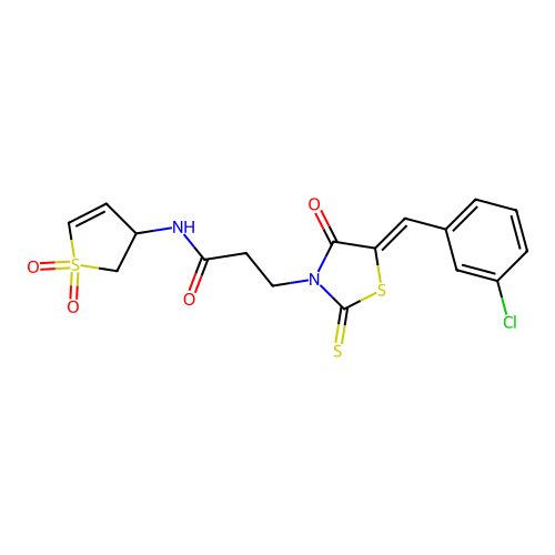 (Z)-3-(5-(3-chlorobenzylidene)-4-oxo-2-thioxothiazolidin-3-yl)-N-(1,1-dioxido-2,3-dihydrothiophen-3-yl)propanamide structure