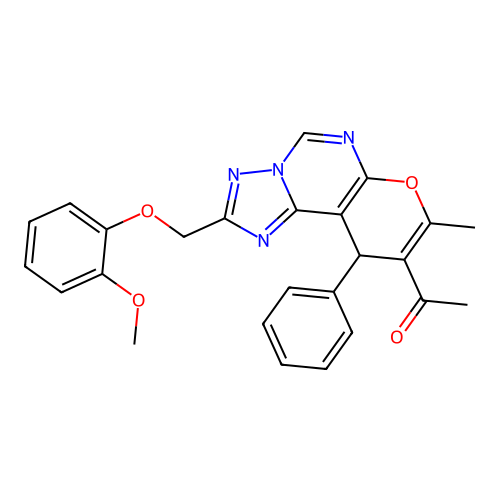 1-(2-((2-methoxyphenoxy)methyl)-8-methyl-10-phenyl-10H-pyrano[3,2-e][1,2,4]triazolo[1,5-c]pyrimidin-9-yl)ethanone structure