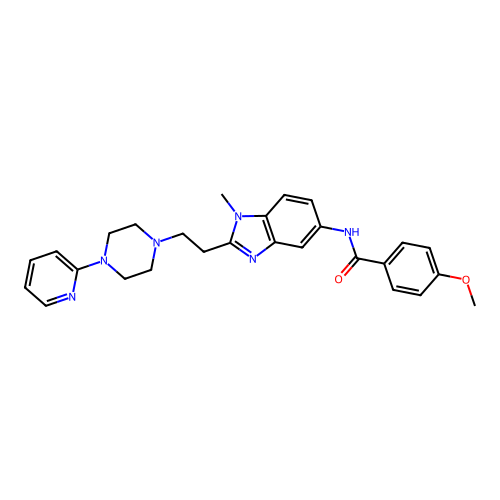 4-methoxy-N-(1-methyl-2-(2-(4-(pyridin-2-yl)piperazin-1-yl)ethyl)-1H-benzo[d]imidazol-5-yl)benzamide structure