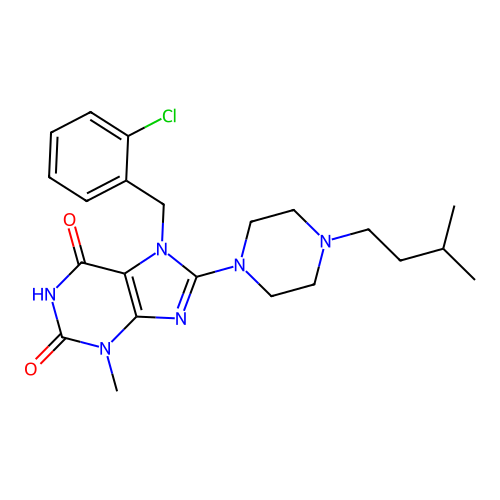 7-(2-chlorobenzyl)-8-(4-isopentylpiperazin-1-yl)-3-methyl-1H-purine-2,6(3H,7H)-dione structure