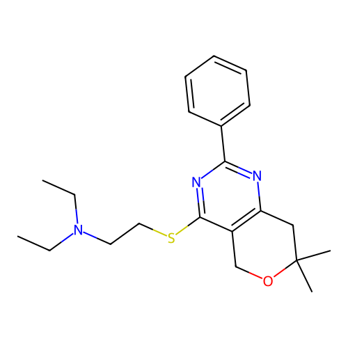 2-((7,7-dimethyl-2-phenyl-7,8-dihydro-5H-pyrano[4,3-d]pyrimidin-4-yl)thio)-N,N-diethylethanamine structure