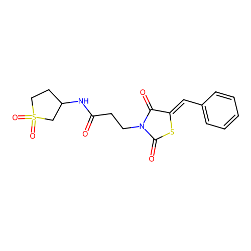 3-[(5Z)-5-benzylidene-2,4-dioxo-1,3-thiazolidin-3-yl]-N-(1,1-dioxidotetrahydrothiophen-3-yl)propanamide structure