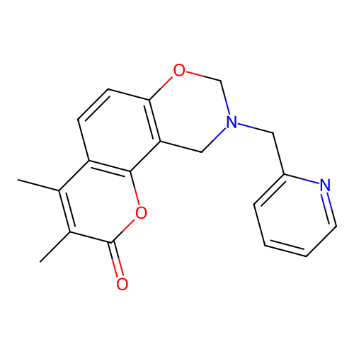 3,4-dimethyl-9-(pyridin-2-ylmethyl)-8,10-dihydropyrano[2,3-f][1,3]benzoxazin-2-one structure