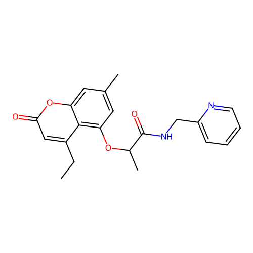 2-((4-ethyl-7-methyl-2-oxo-2H-chromen-5-yl)oxy)-N-(pyridin-2-ylmethyl)propanamide structure