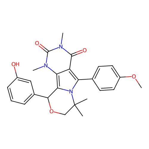 10-(3-hydroxyphenyl)-5-(4-methoxyphenyl)-1,3,7,7-tetramethyl-1,7,8,10-tetrahydro-2H-pyrimido[4',5':3,4]pyrrolo[2,1-c][1,4]oxazine-2,4(3H)-dione structure