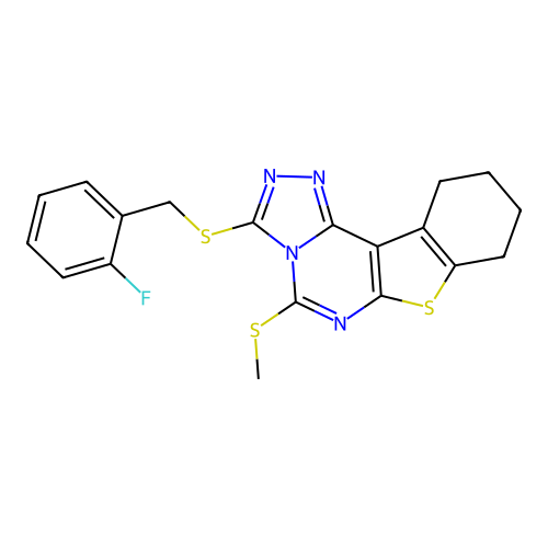 3-((2-fluorobenzyl)thio)-5-(methylthio)-8,9,10,11-tetrahydrobenzo[4,5]thieno[3,2-e][1,2,4]triazolo[4,3-c]pyrimidine structure
