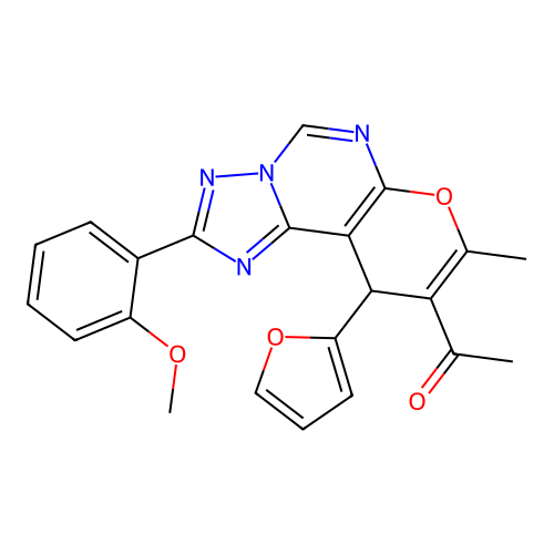 1-(10-(furan-2-yl)-2-(2-methoxyphenyl)-8-methyl-10H-pyrano[3,2-e][1,2,4]triazolo[1,5-c]pyrimidin-9-yl)ethanone structure